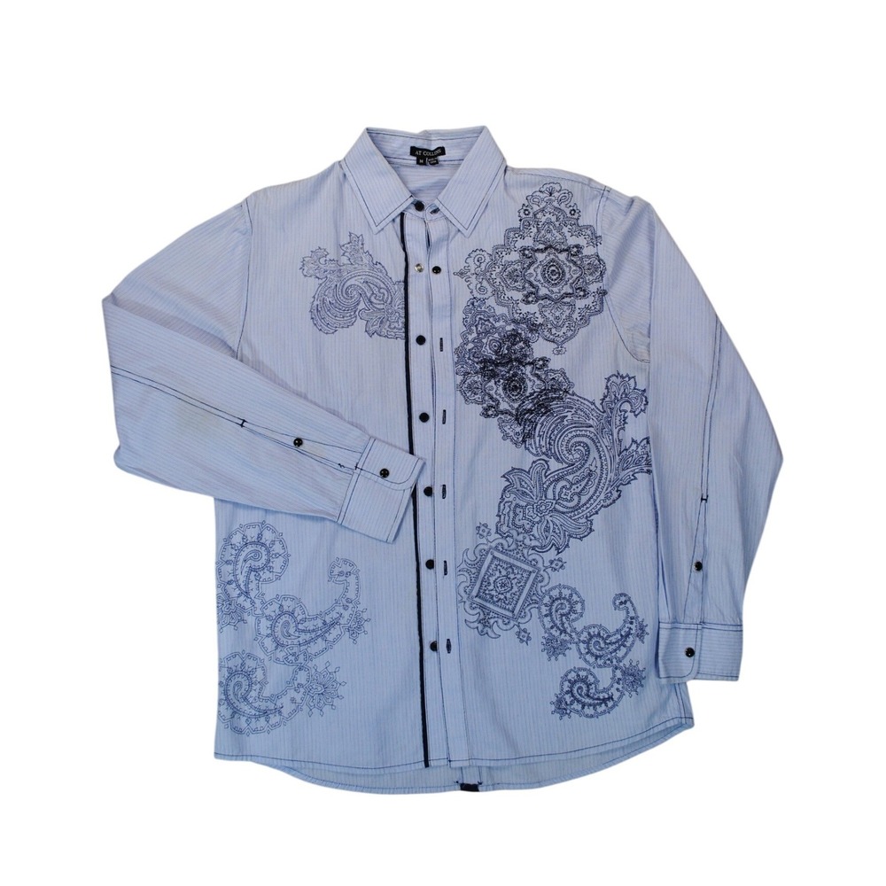 AT Collins Mens Blue Striped Paisley Embroidered Button Down Shirt Medium